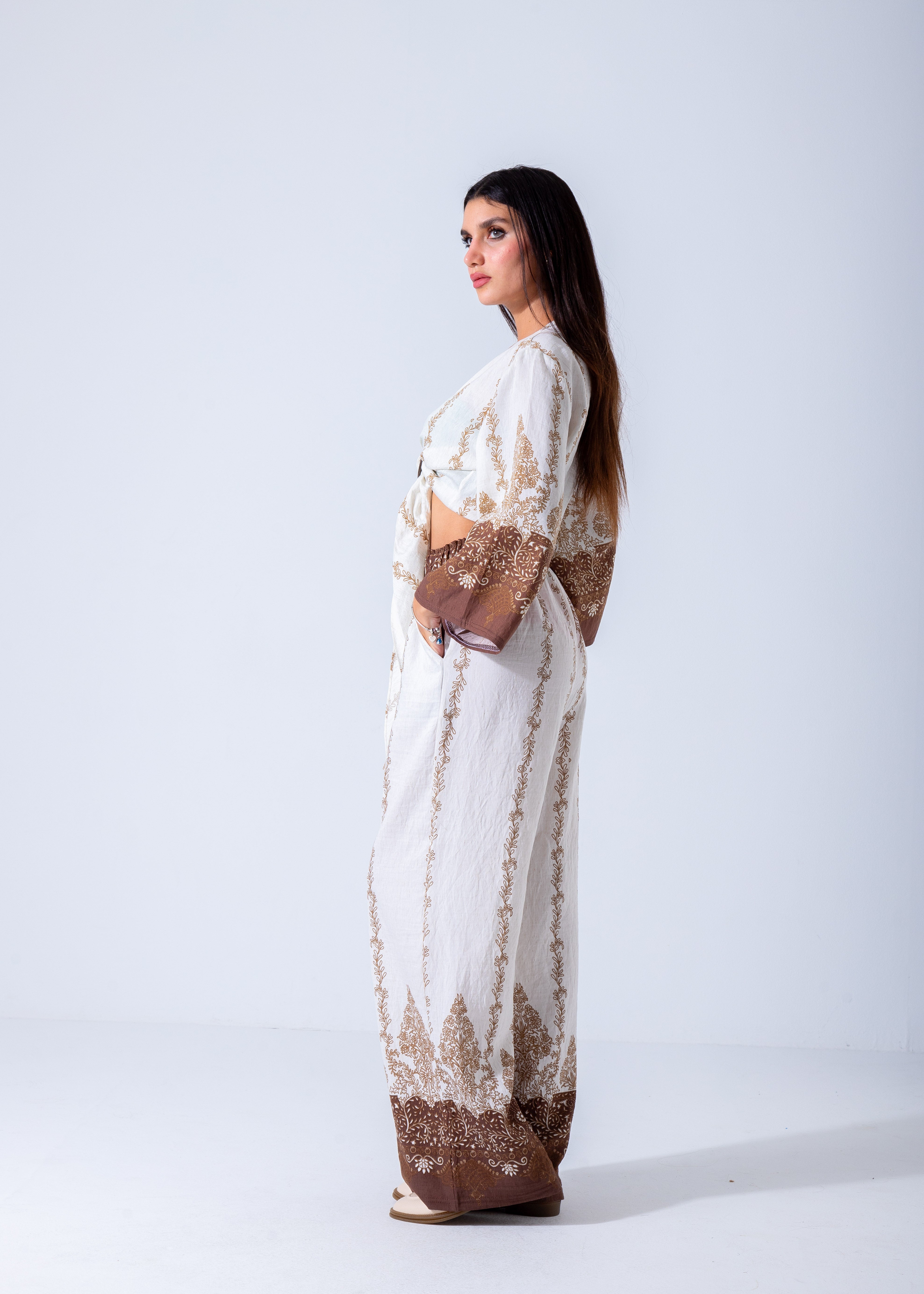 Bohemian Chic Belted Kimono & Wide-Leg Pants Set - Brown