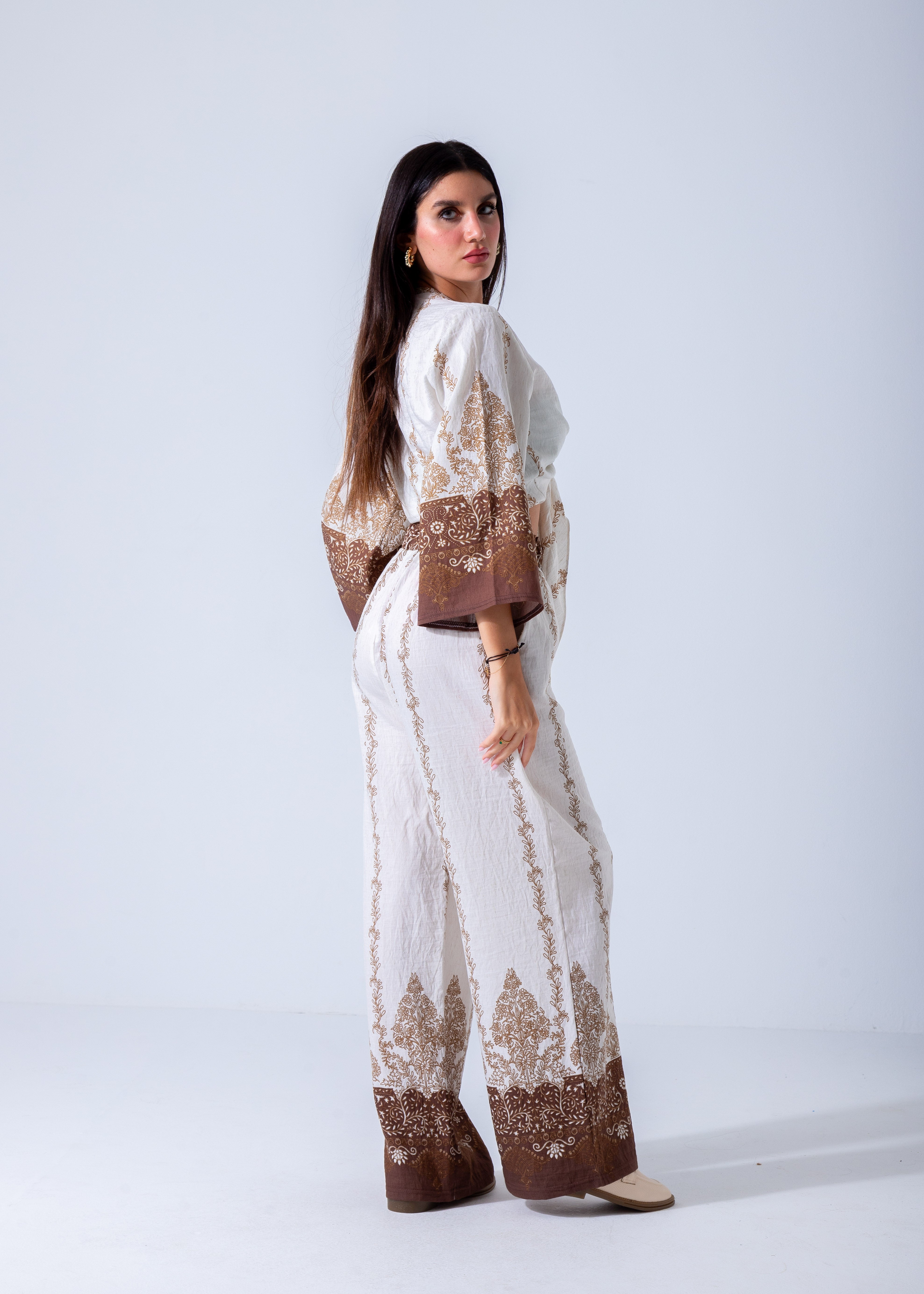 Bohemian Chic Belted Kimono & Wide-Leg Pants Set - Brown