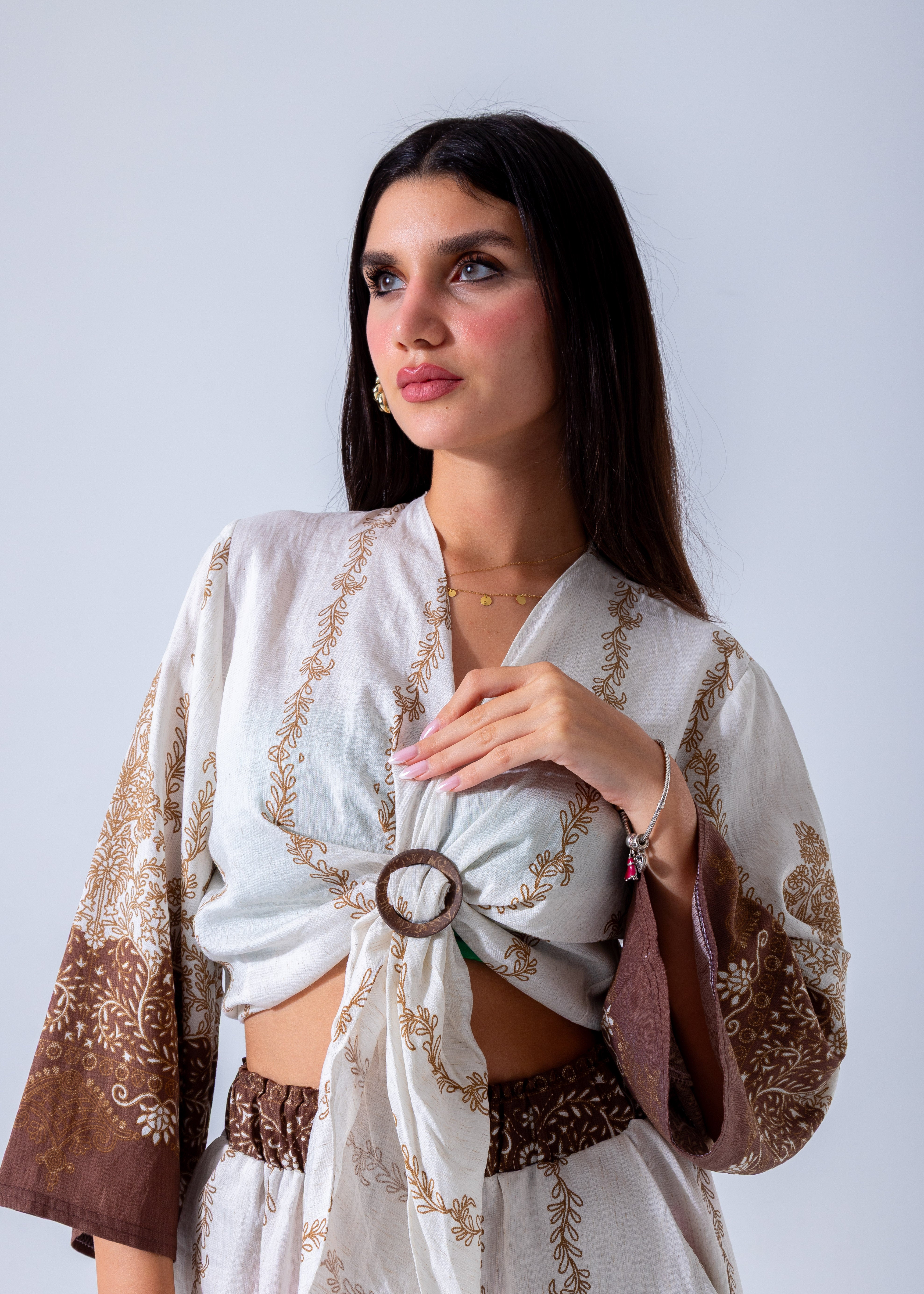 Bohemian Chic Belted Kimono & Wide-Leg Pants Set - Brown