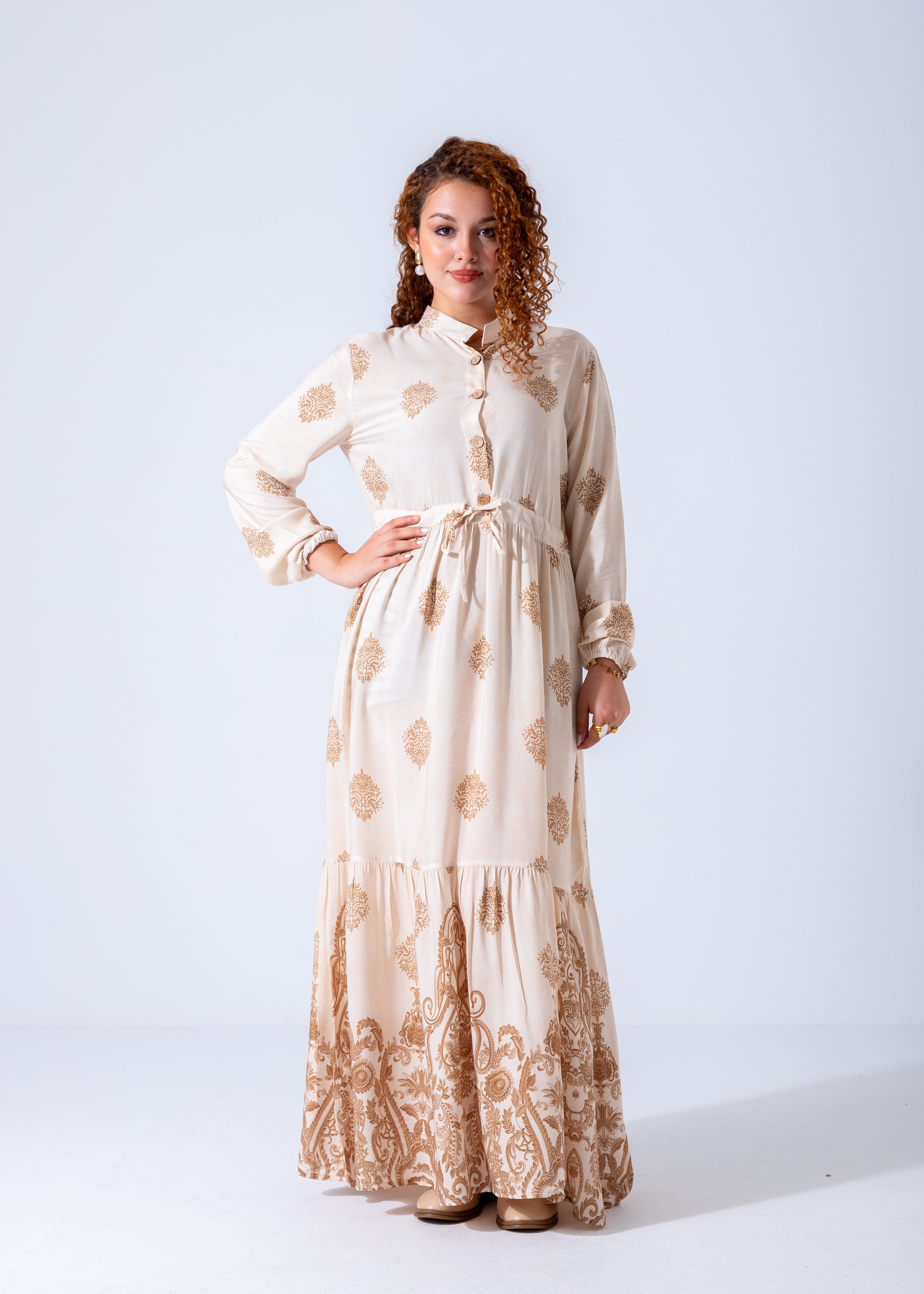 Elegant Boho Embroidered Maxi Dress - Beige
