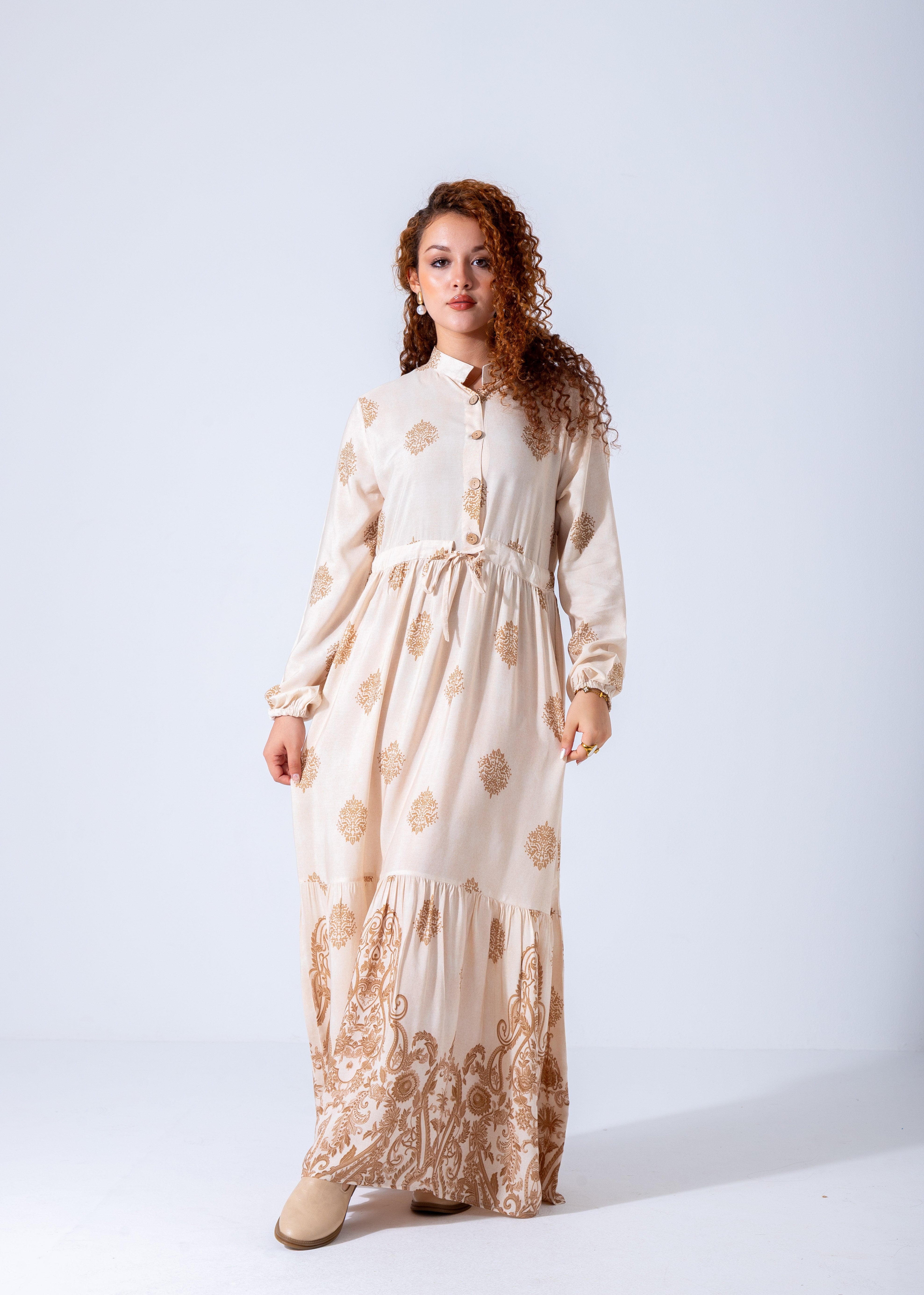 Elegant Boho Embroidered Maxi Dress - Beige