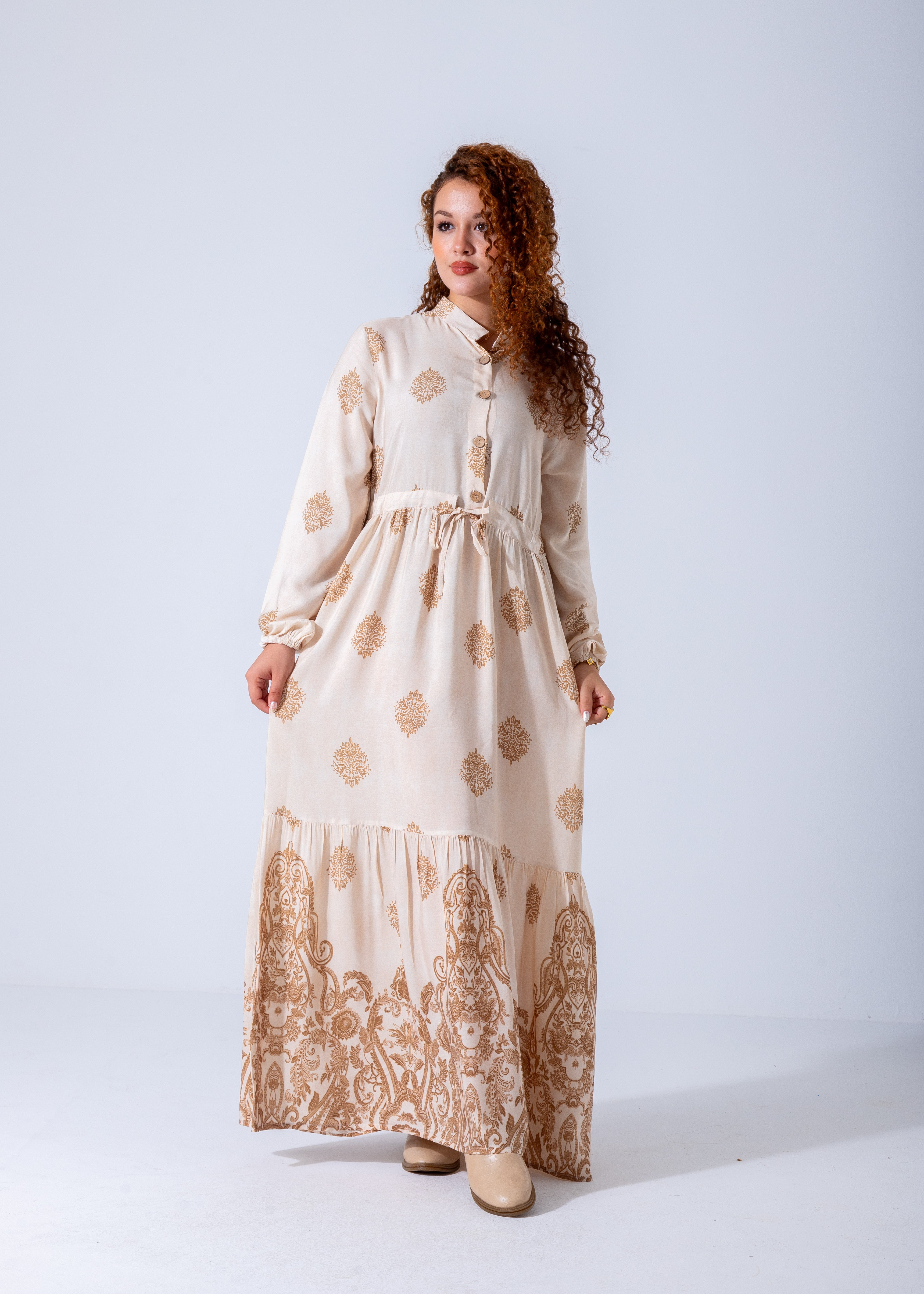 Elegant Boho Embroidered Maxi Dress - Beige