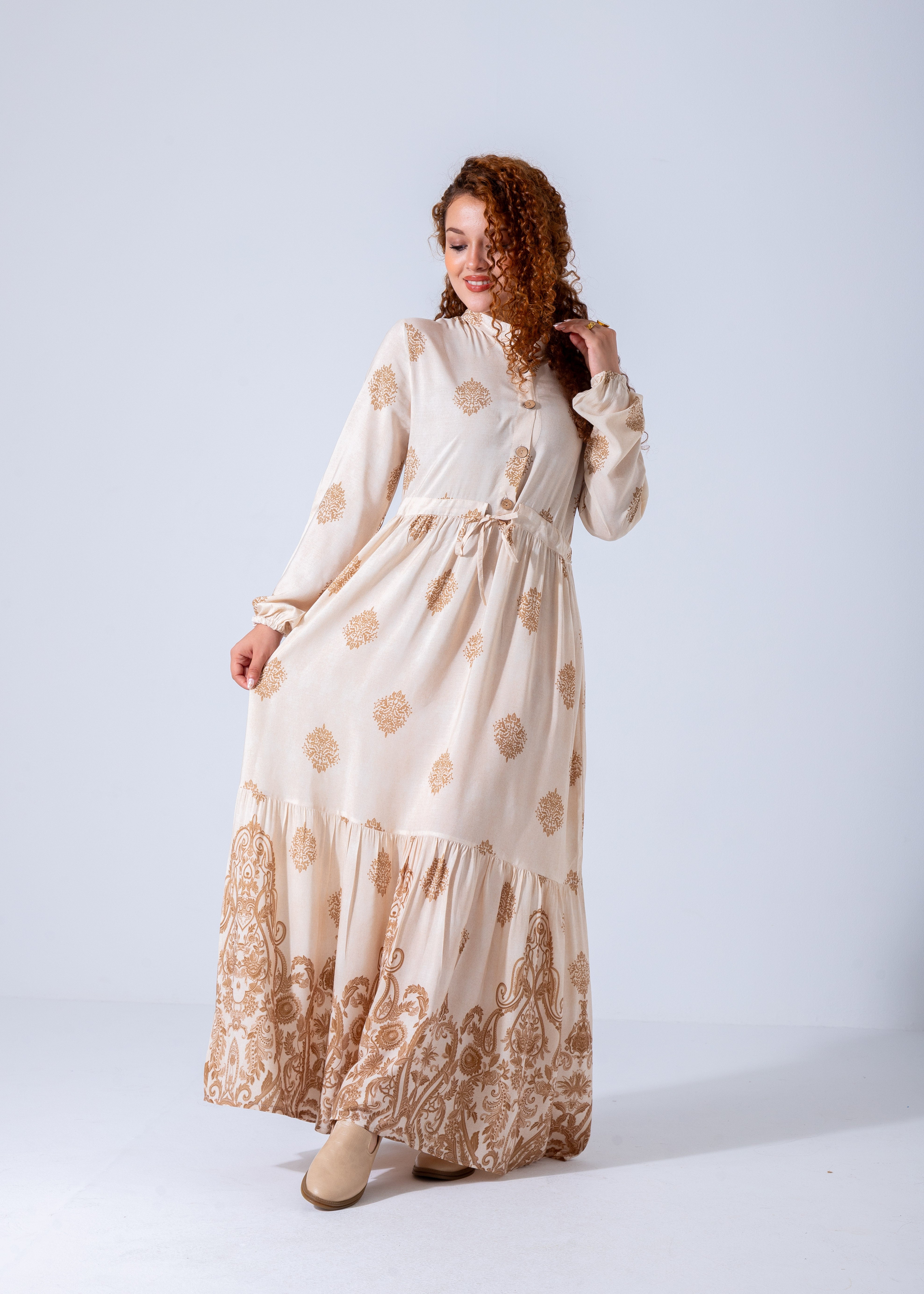 Elegant Boho Embroidered Maxi Dress - Beige