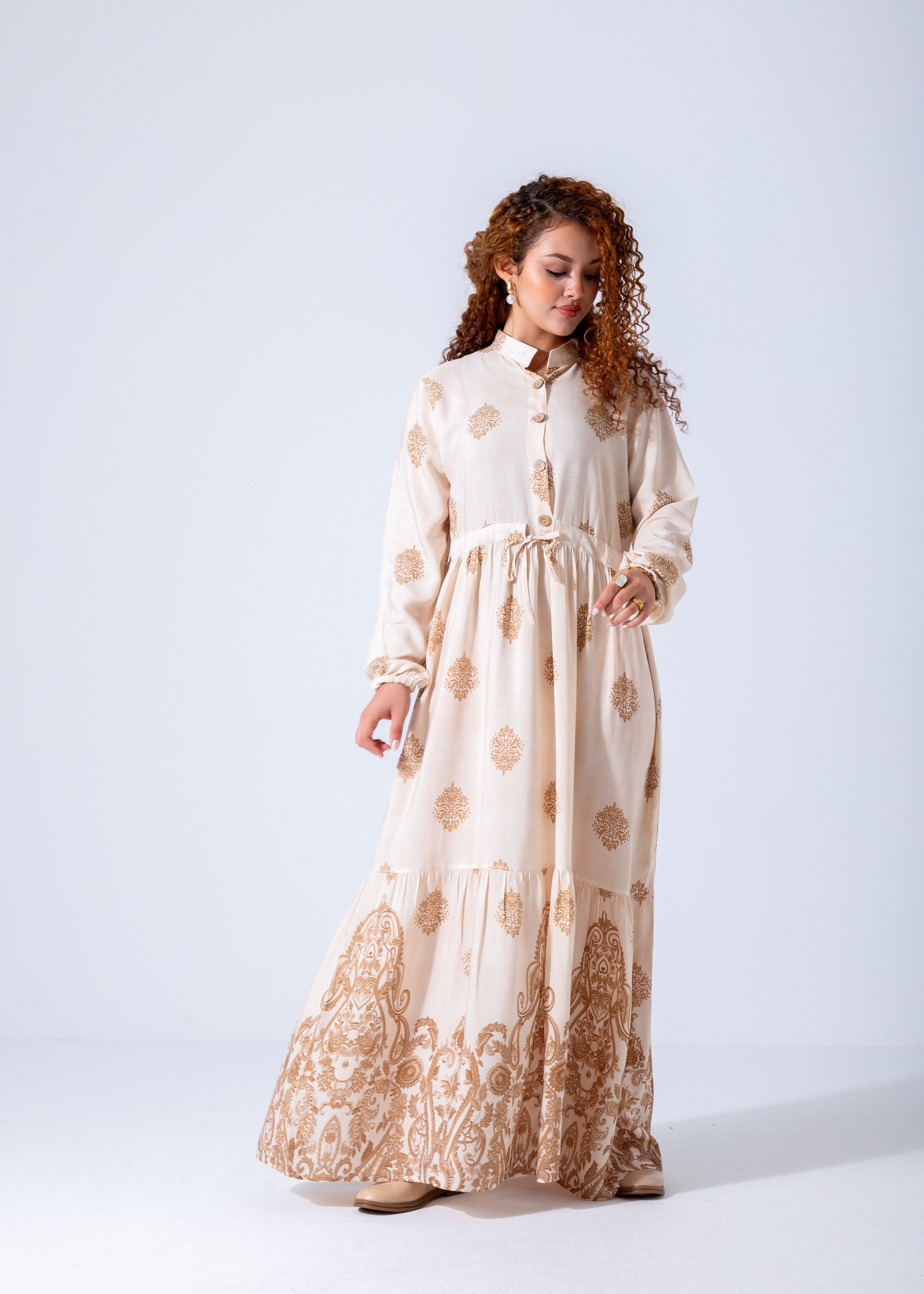 Elegant Boho Embroidered Maxi Dress - Beige