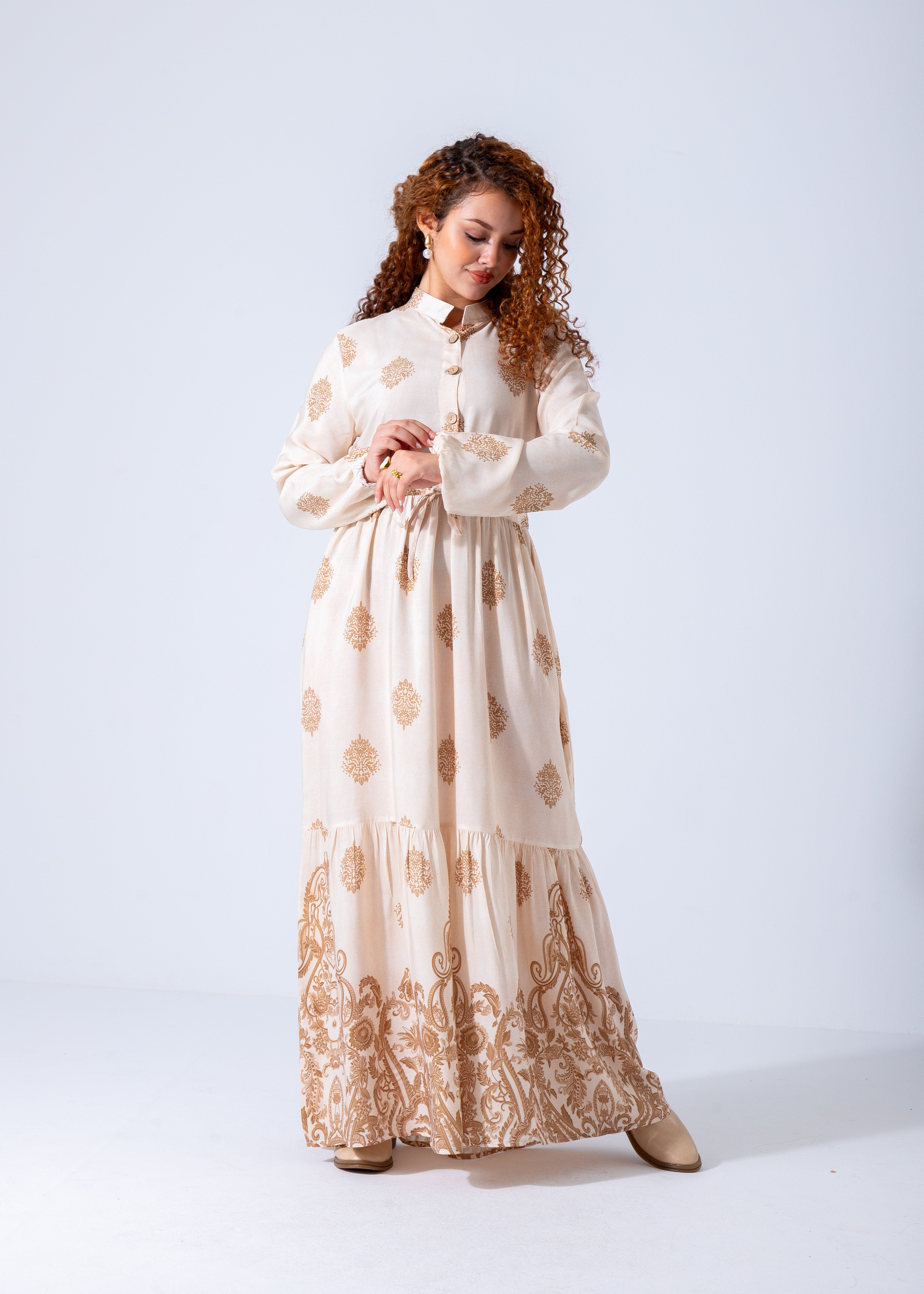 Elegant Boho Embroidered Maxi Dress - Beige